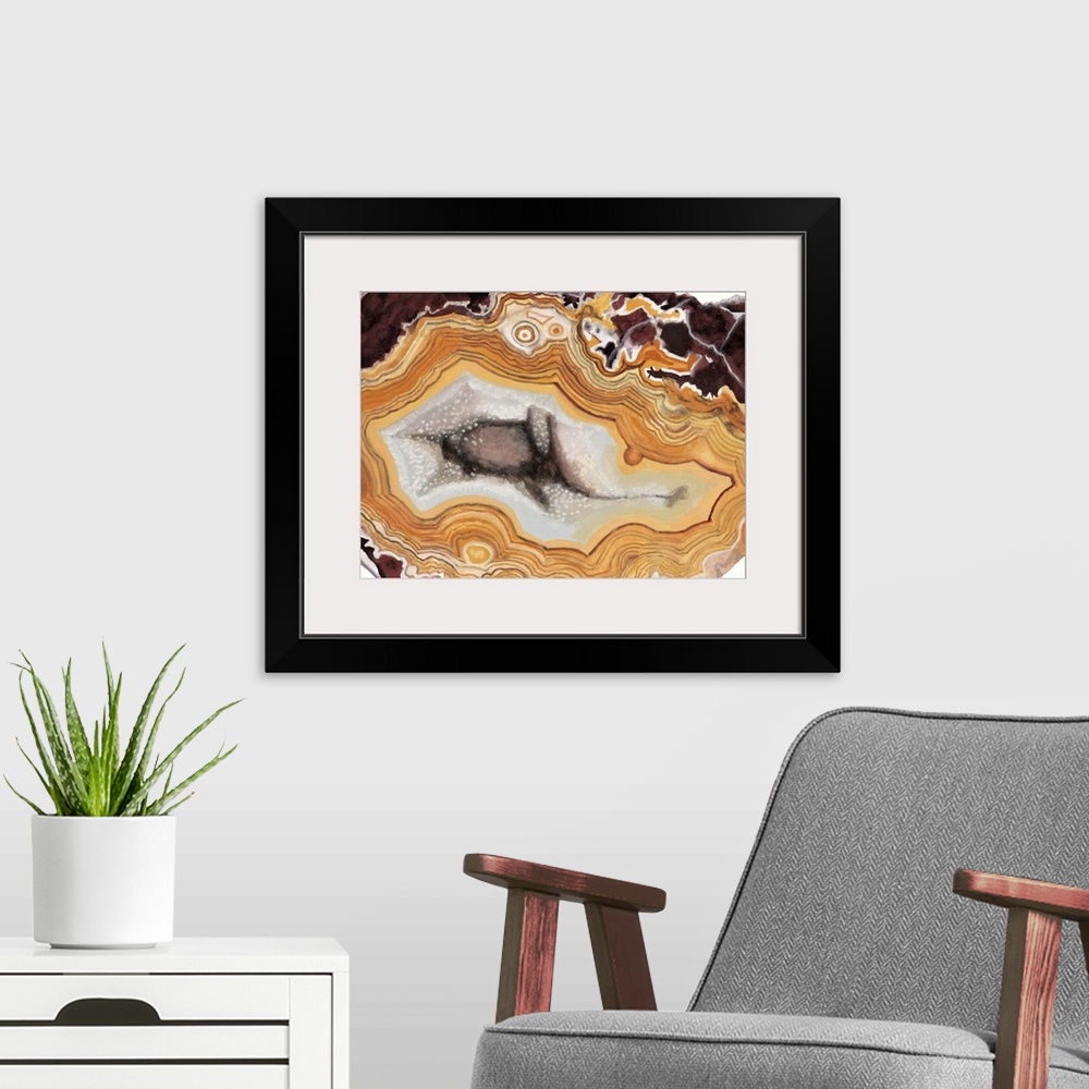A modern room featuring Contemporary painting of a cross section of mineral agate in bright orange.