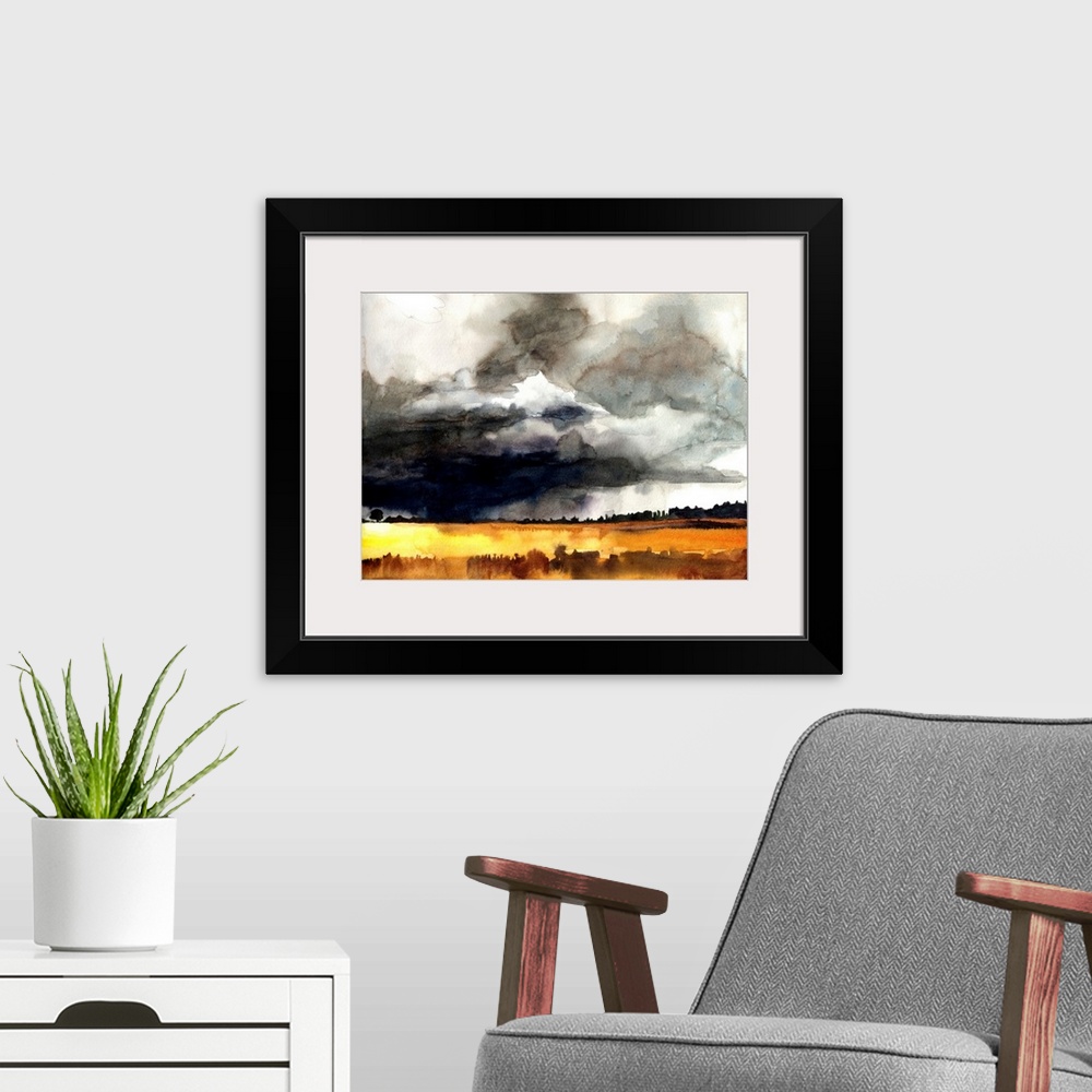 A modern room featuring A bold contemporary watercolor painting of dark storm clouds over a landscape of golden fields. T...