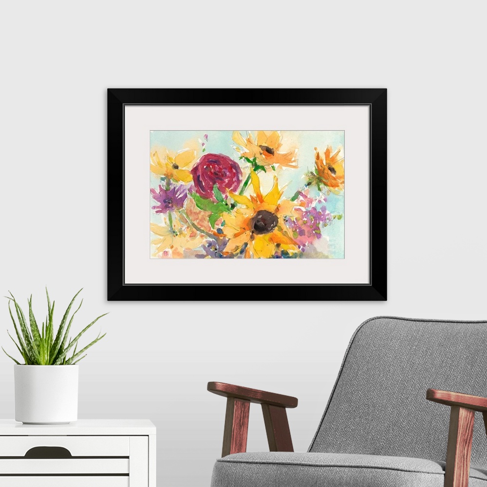 A modern room featuring Horizontal painting of a bouquet of summer wild flowers.