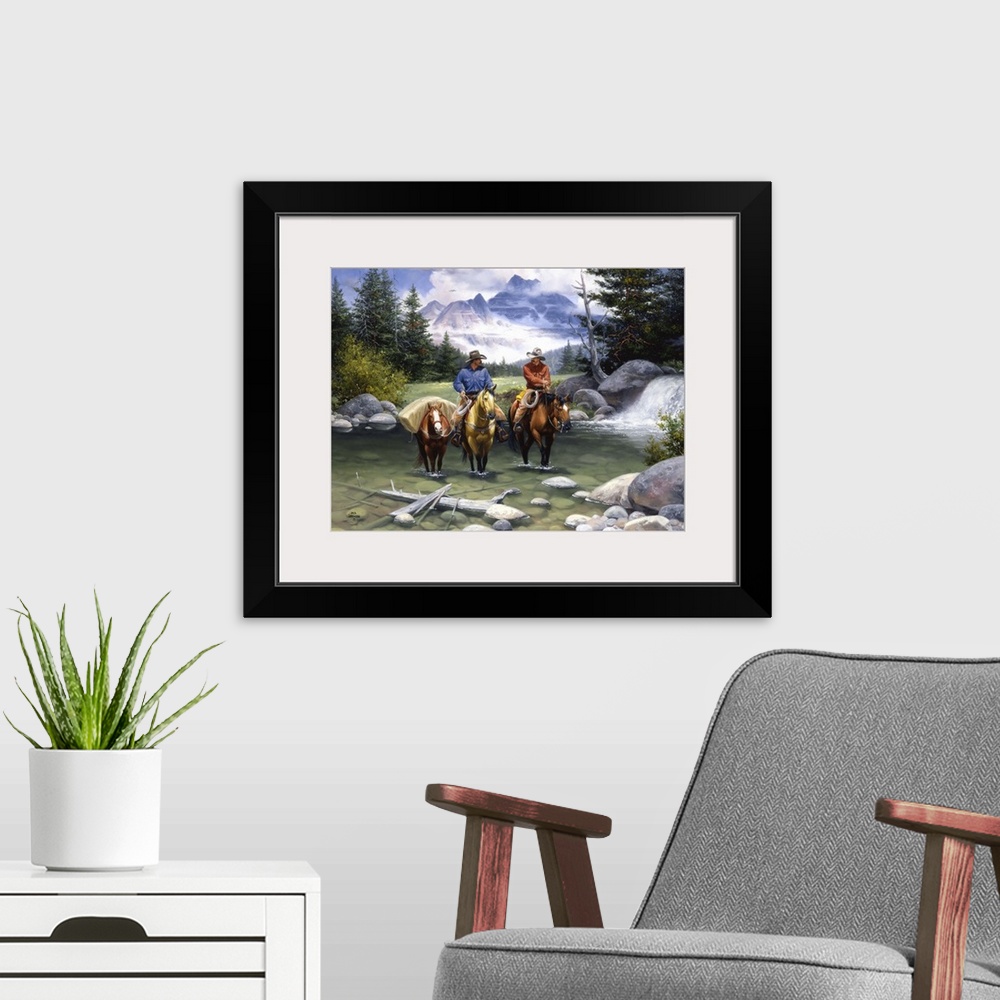 A modern room featuring Contemporary Western artwork of two cowboys and their horses crossing a mountain stream,