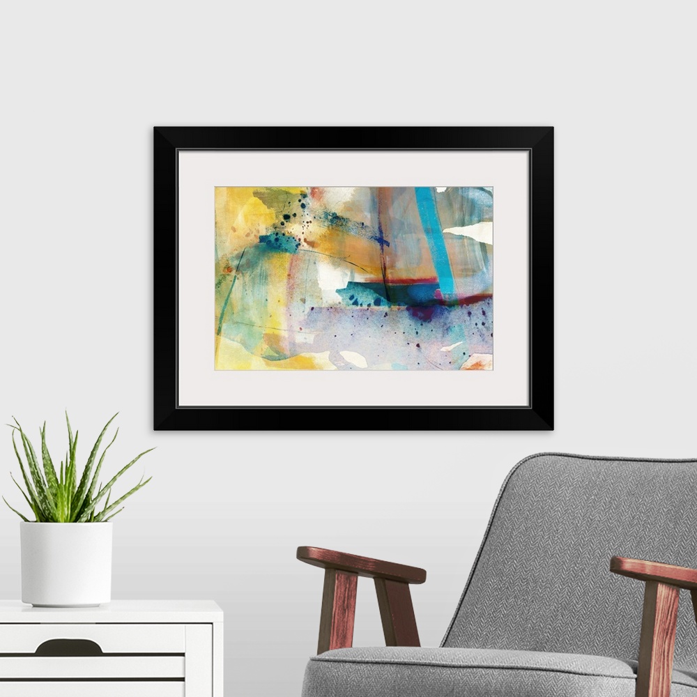 A modern room featuring Splashes and splatters of paint make up this abstract piece of artwork.