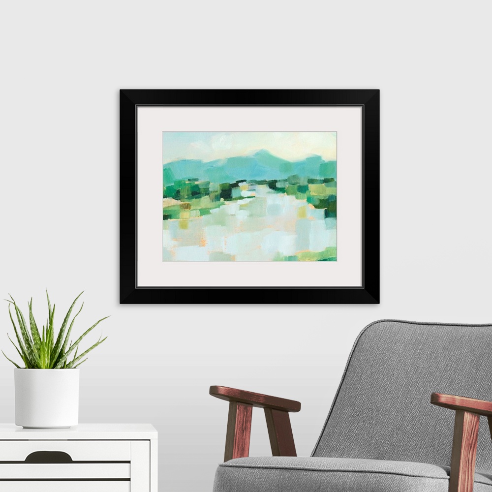 A modern room featuring Contemporary landscape painting with short brushstrokes in a variety of greens.