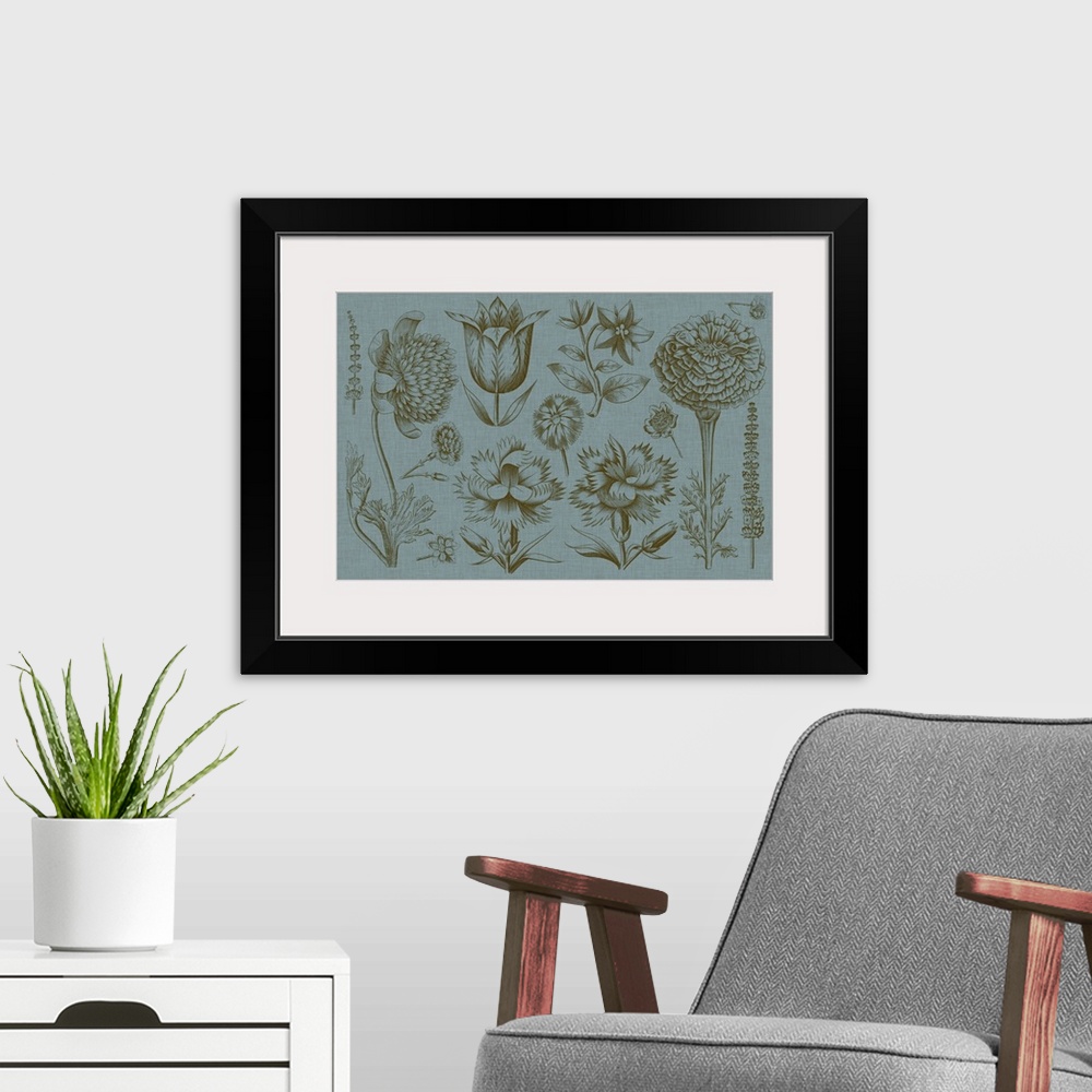 A modern room featuring This line illustration has a vintage feeling and features various plants and their blossoms over ...