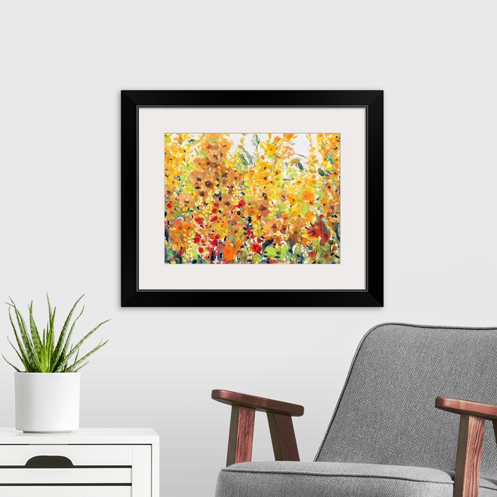 A modern room featuring Contemporary painting of a summer garden full of blooming orange and yellow flowers.