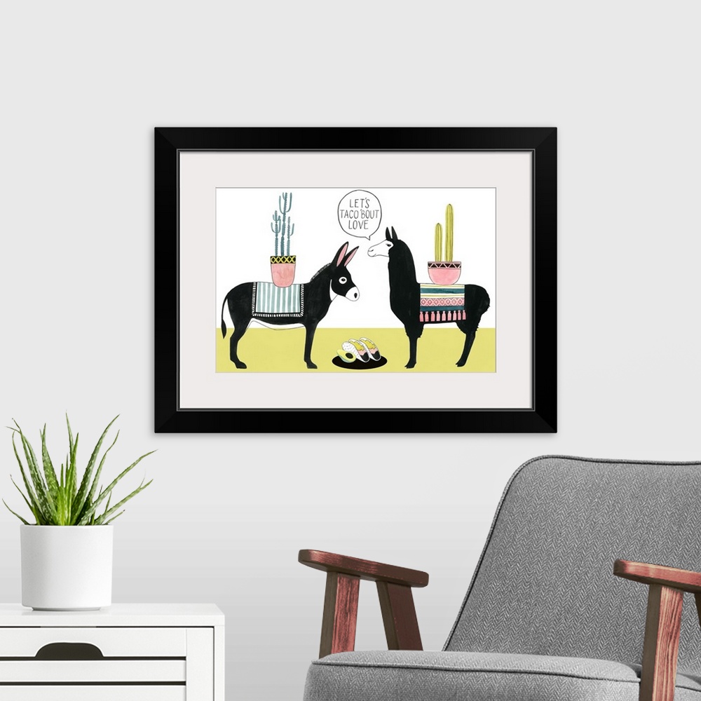 A modern room featuring This humorous decorative artwork features a donkey and a llama sharing tacos with the words: Lets...