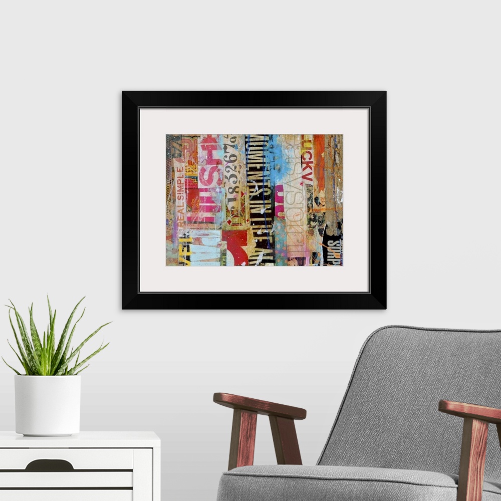 A modern room featuring Contemporary mixed media artwork composed of a variety of found text arranged vertically.