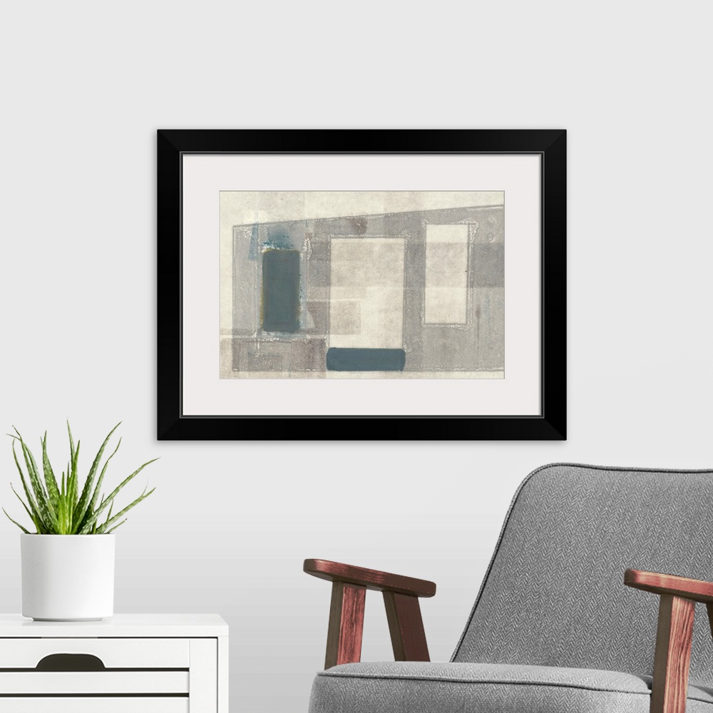 A modern room featuring This contemporary artwork features overlapping angular shapes with distressed textures.