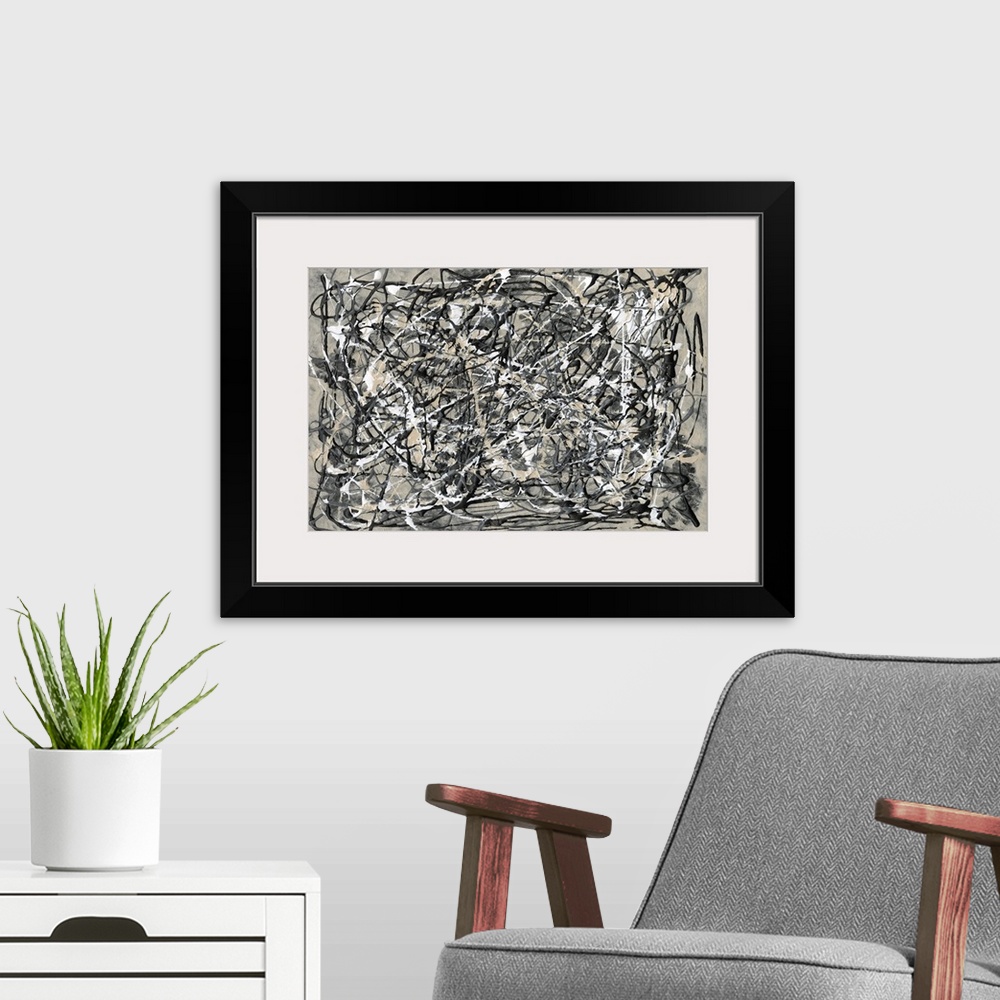 A modern room featuring A striking, masculine contemporary abstract painting featuring bold swirls of black and white pai...