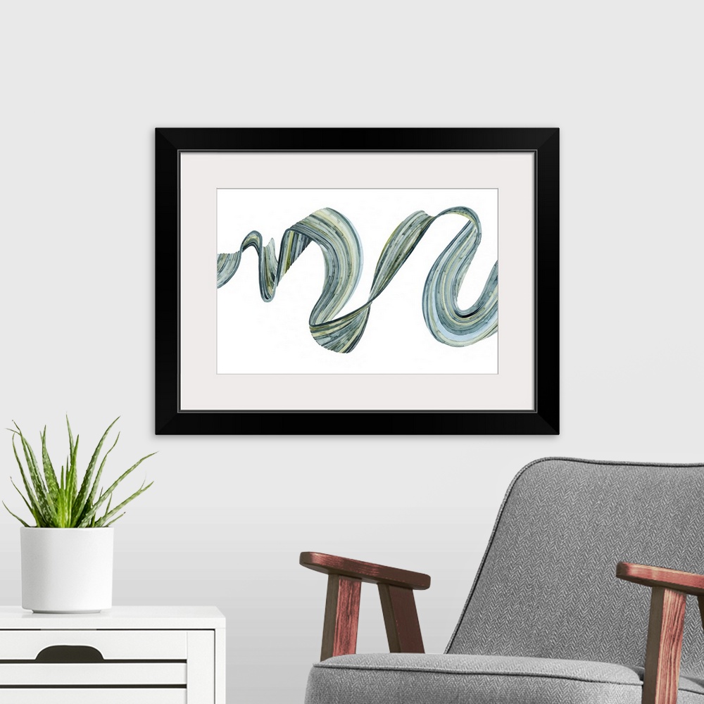 A modern room featuring Abstract ribbon artwork created with shades of green and blue on a white background.