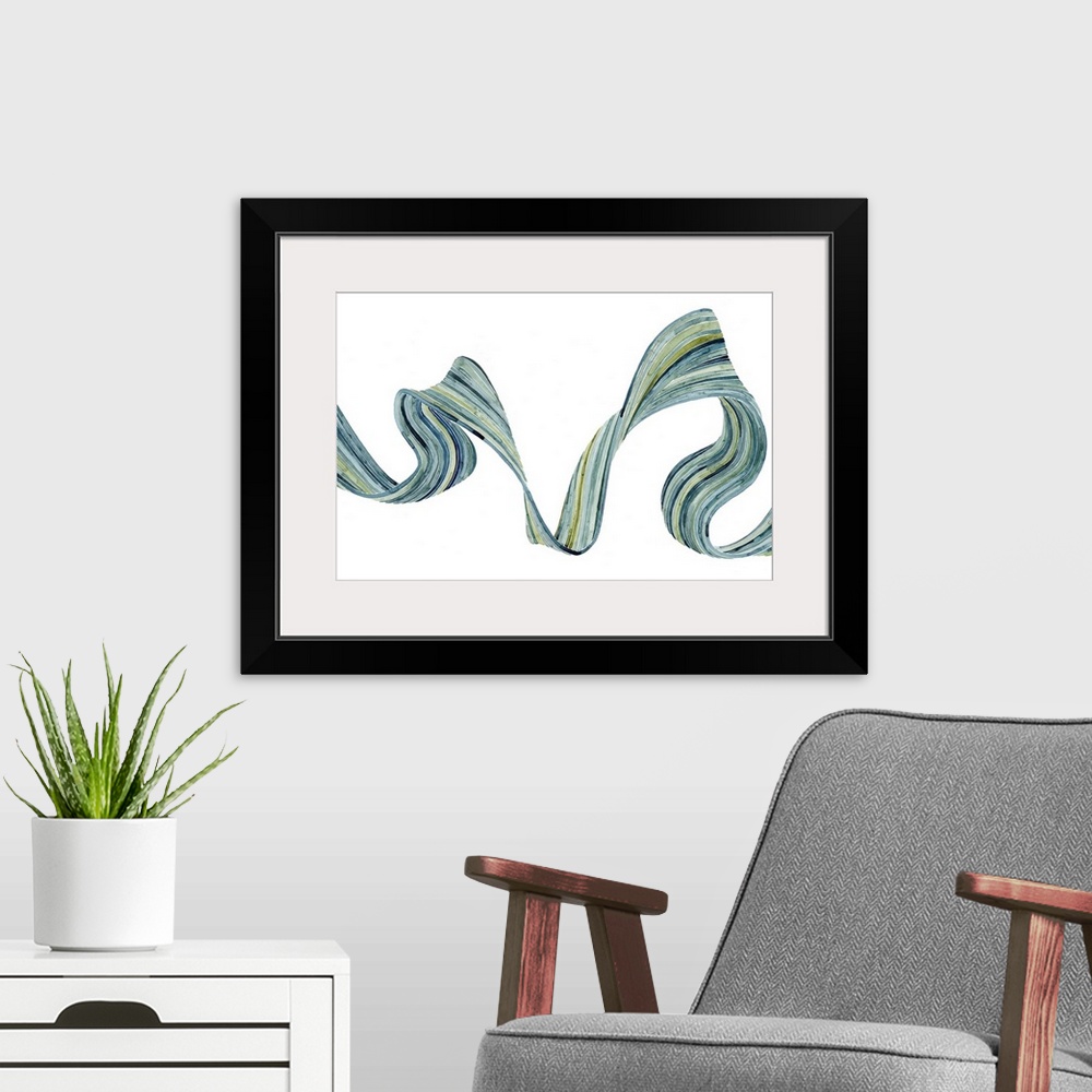 A modern room featuring Abstract ribbon artwork created with shades of green and blue on a white background.