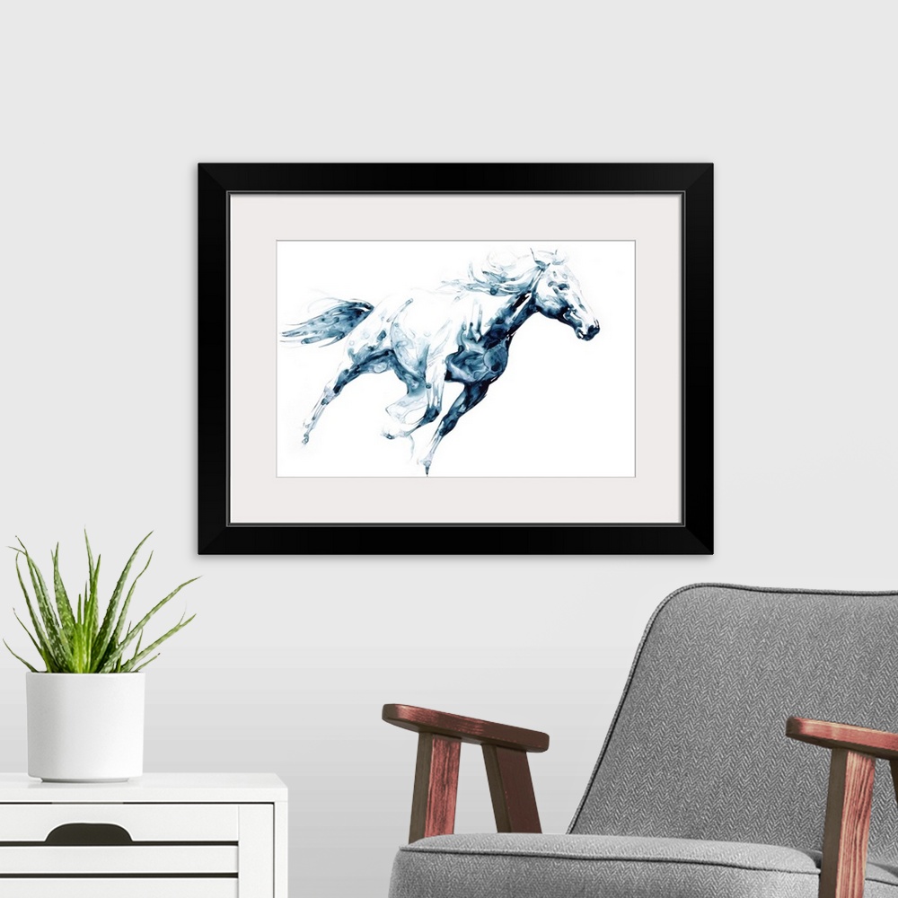 A modern room featuring Watercolor painting of a horse in action created with indigo hues on a white background.