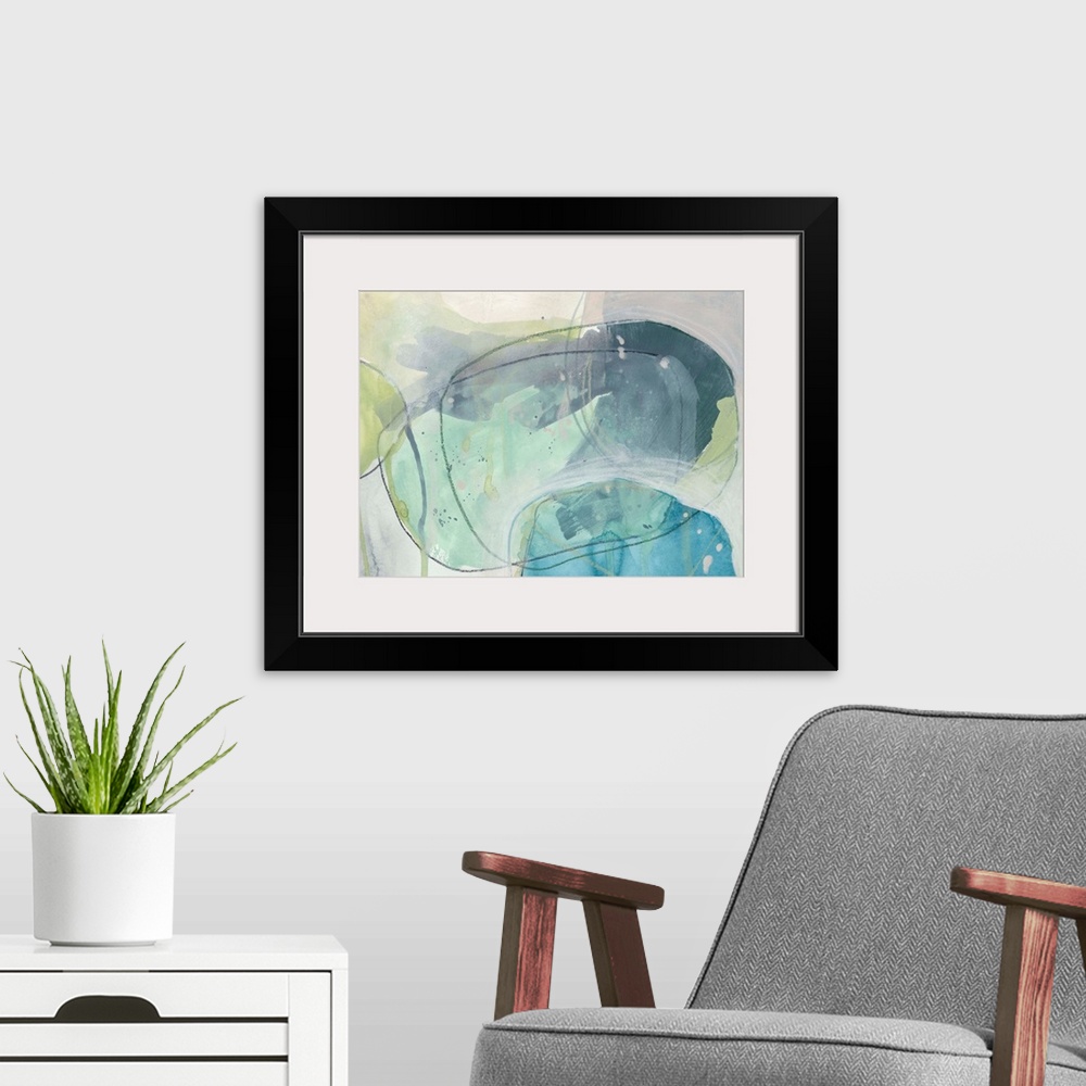 A modern room featuring Contemporary abstract painting of ovular, stone-like shapes in blue and green hues reminiscent of...