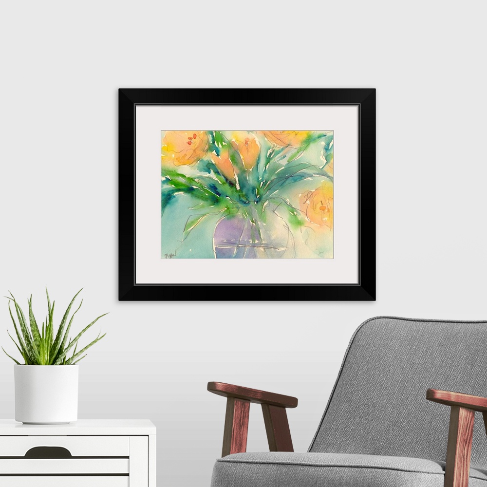 A modern room featuring Watercolor painting of bright yellow flowers in a vase.