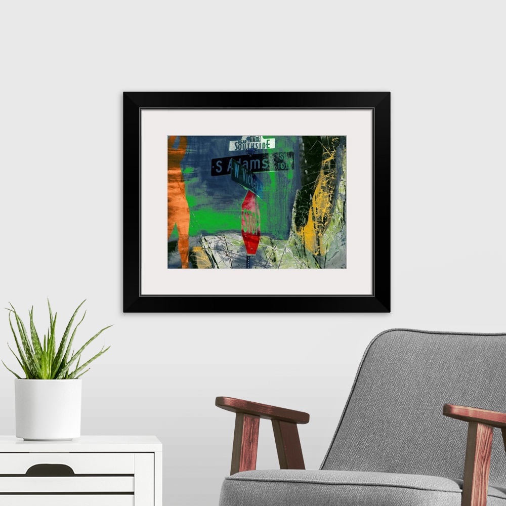 A modern room featuring Contemporary collage style artwork using vibrant colors.