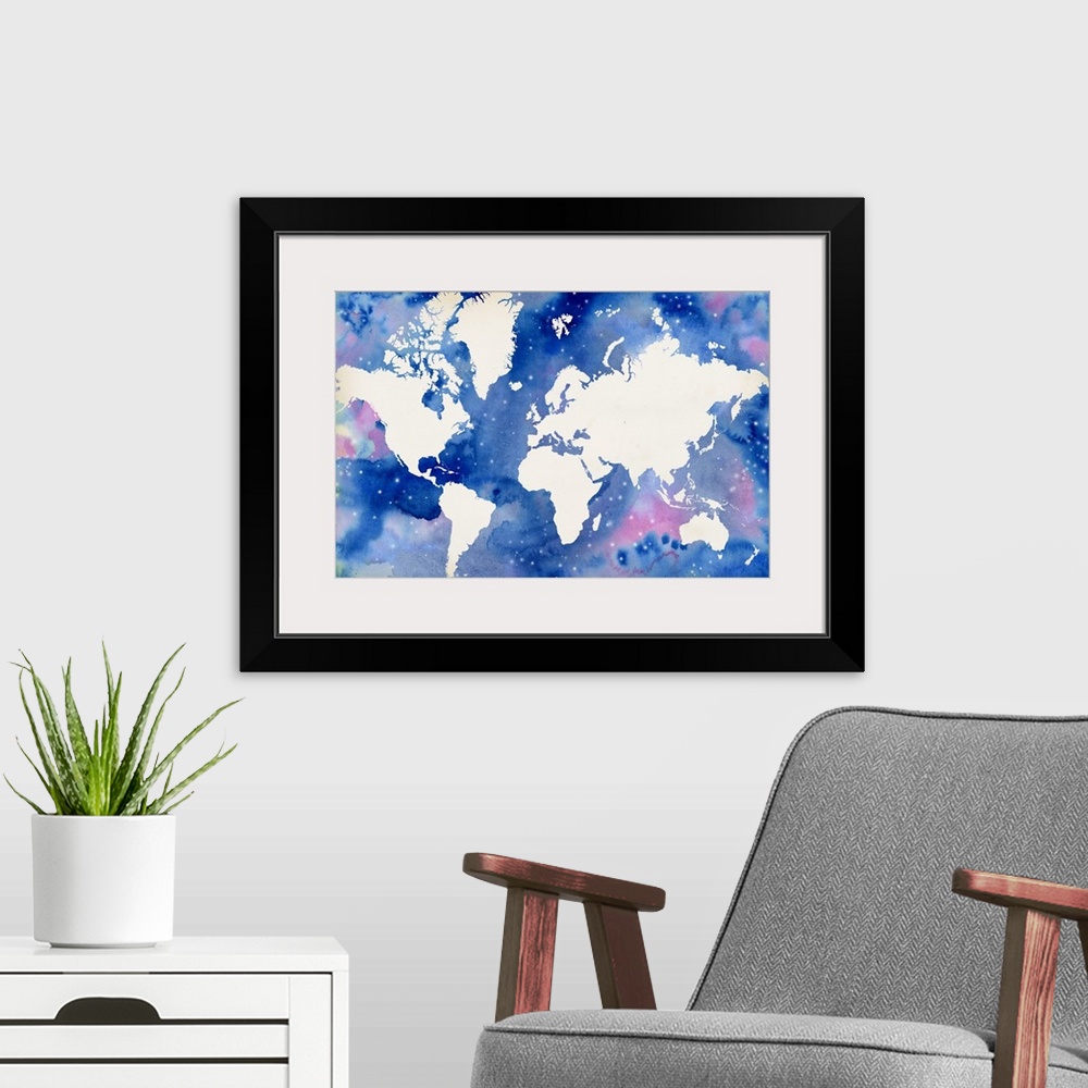 A modern room featuring The sea in this world map resembles a starry night sky and is filled with watercolor droplets in ...