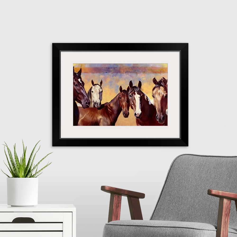 A modern room featuring Contemporary artwork of horses that are all standing together and looking straight at you. The ba...