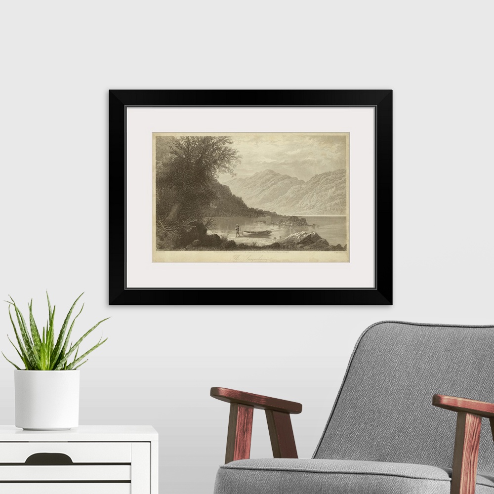 A modern room featuring Vintage artwork of a lake by the mountains in sepia.