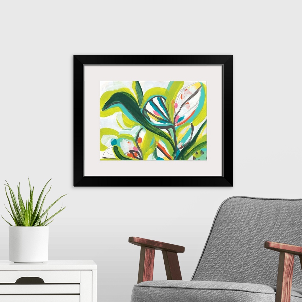 A modern room featuring Contemporary abstract painting with tropical floral shapes in vibrant green hues.