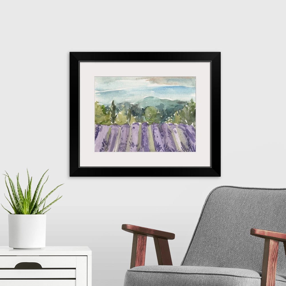 A modern room featuring Contemporary watercolor landscape of a field of purple wildflowers.