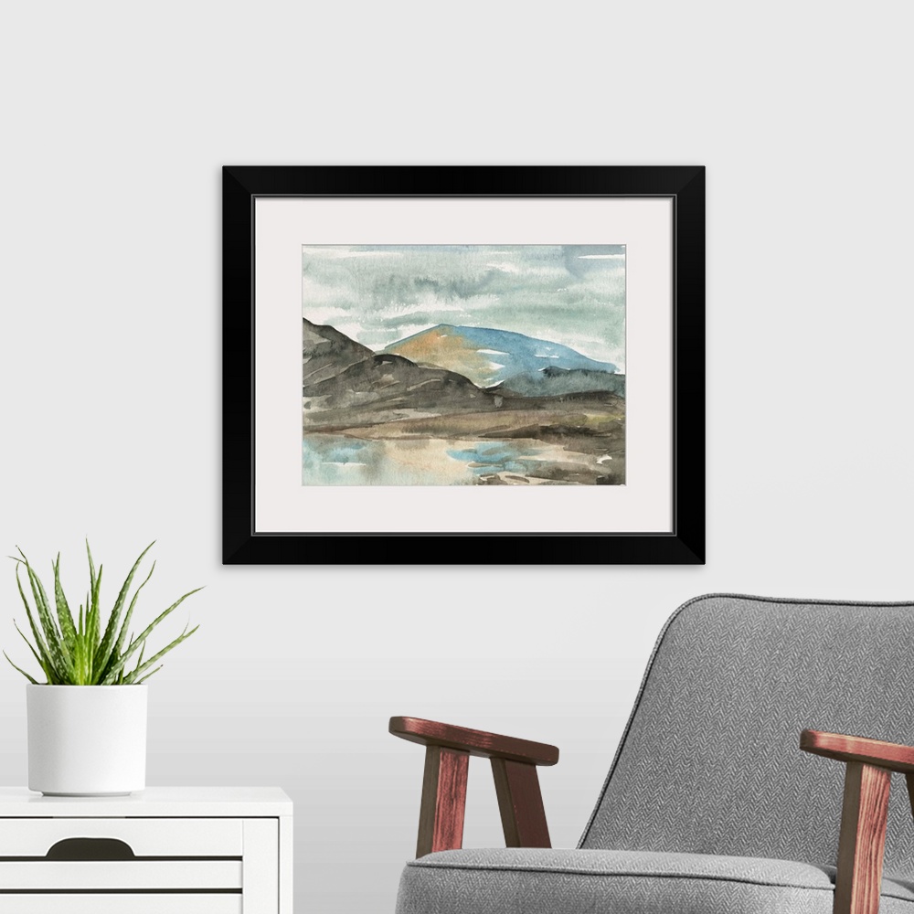 A modern room featuring Contemporary watercolor landscape of a mountainous landscape.