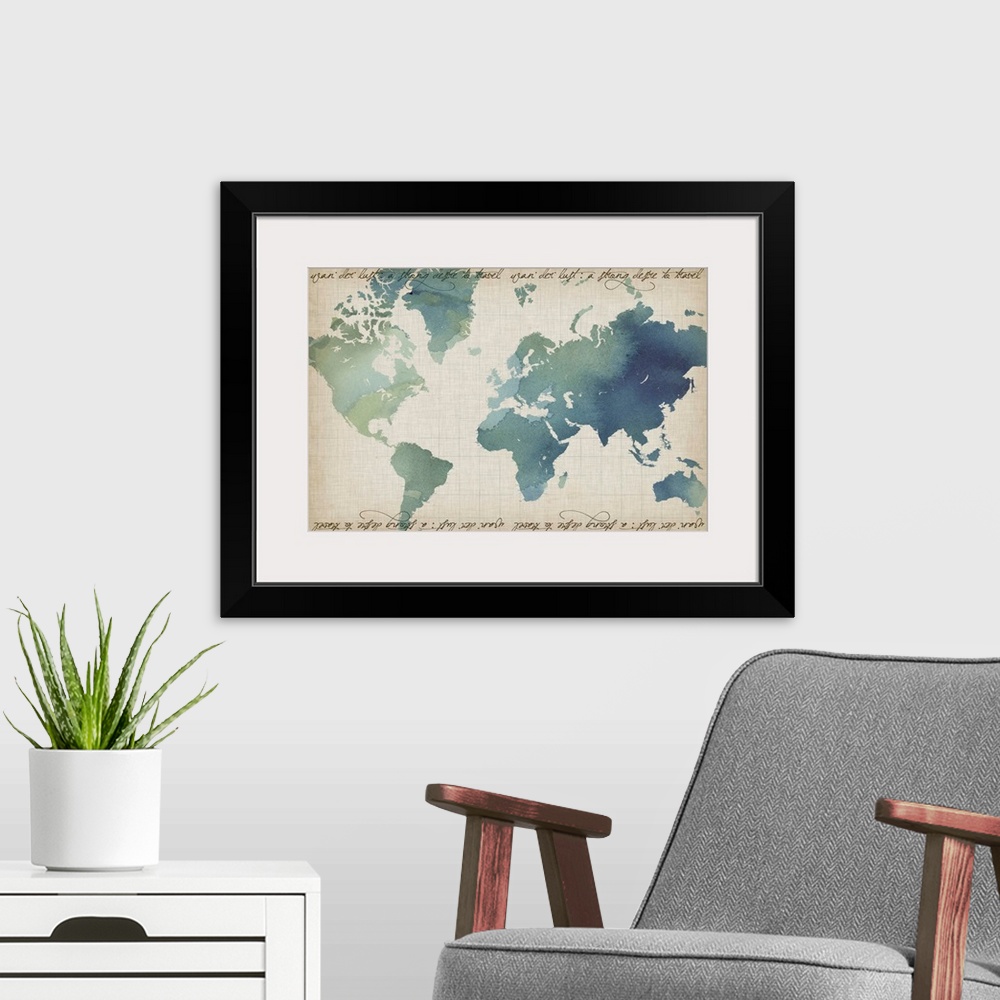 A modern room featuring Watercolor World Map