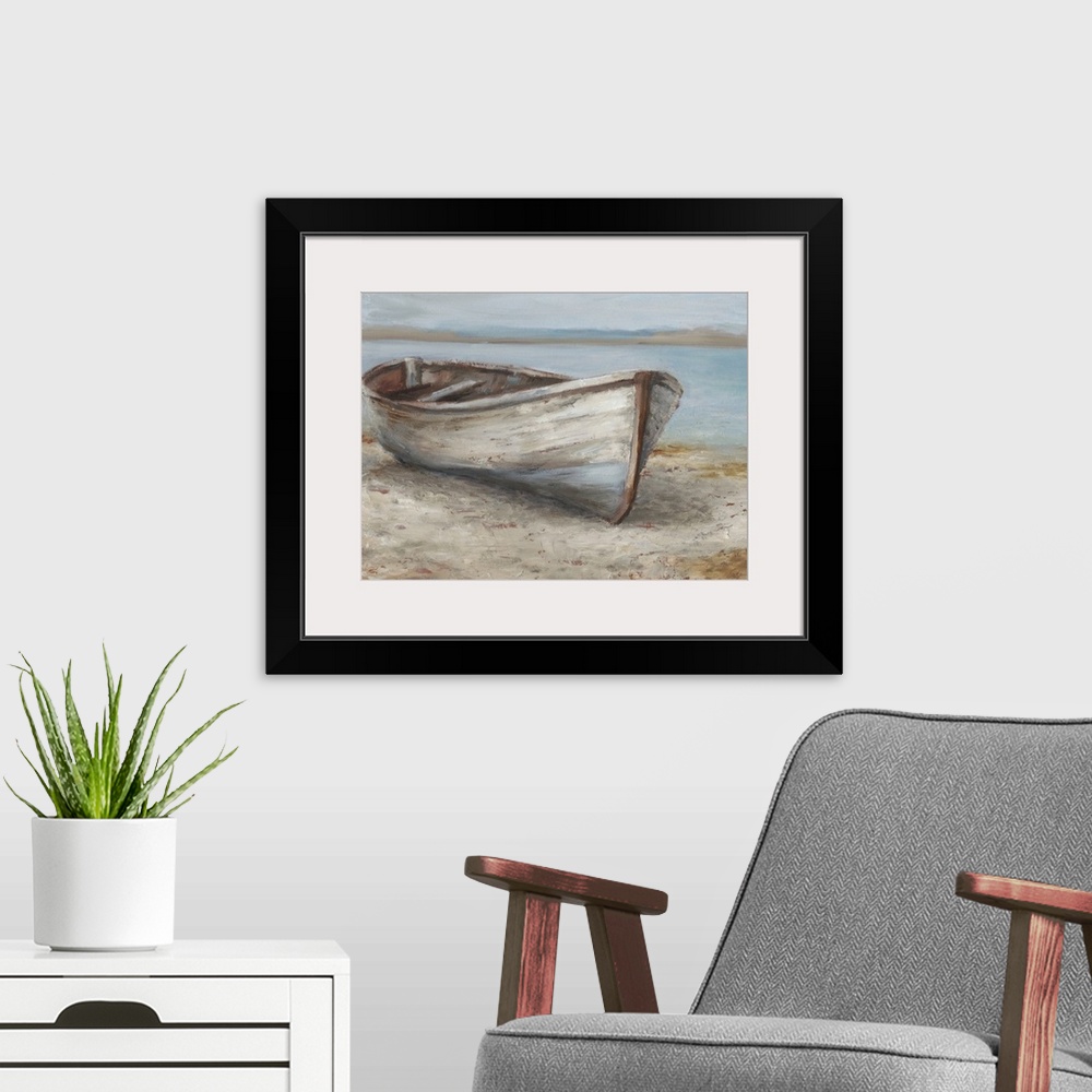 A modern room featuring A tranquil, coastal scene of an old wooden rowboat pulled up onto the sand. It features neutral t...