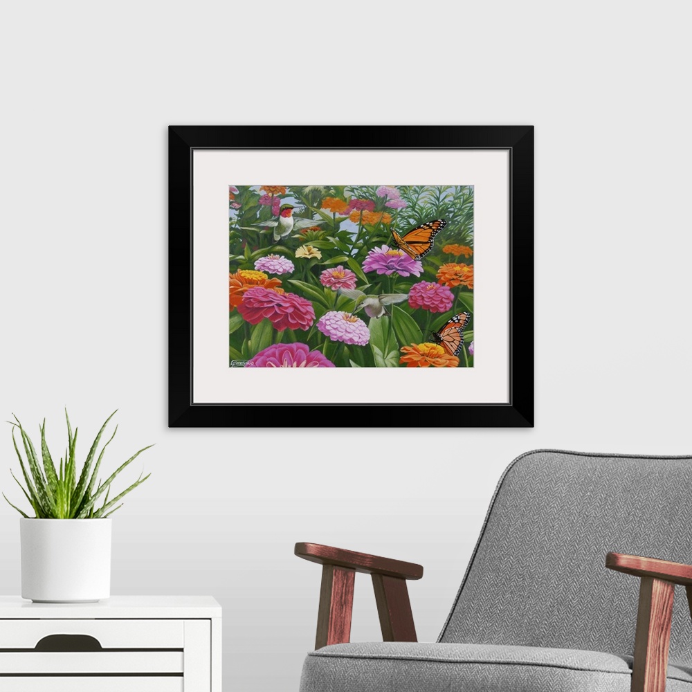A modern room featuring Contemporary painting of a monarch butterfly and a humming bird in a field of zinnia flowers.