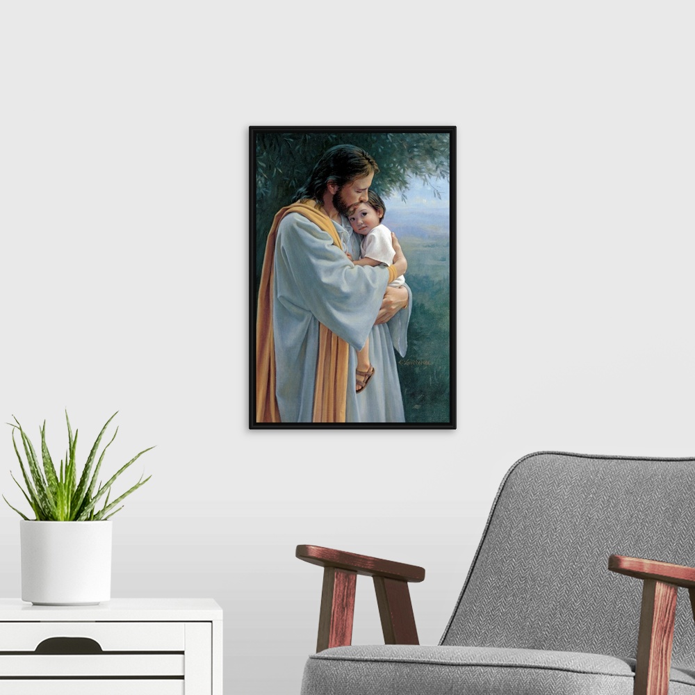 A modern room featuring Painting of Jesus holding a small child in his arms.