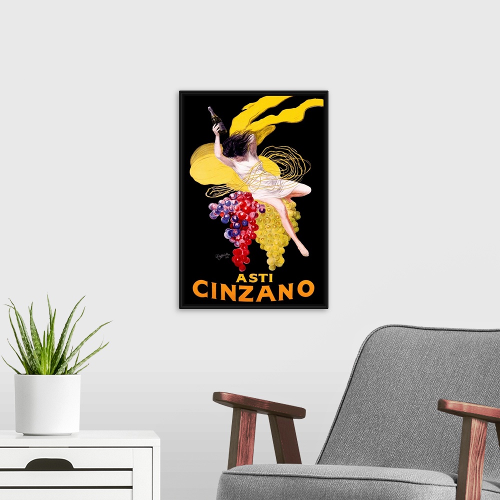 A modern room featuring Vintage advertising poster for the Cinzano beverage, featuring a woman in a white dress atop larg...