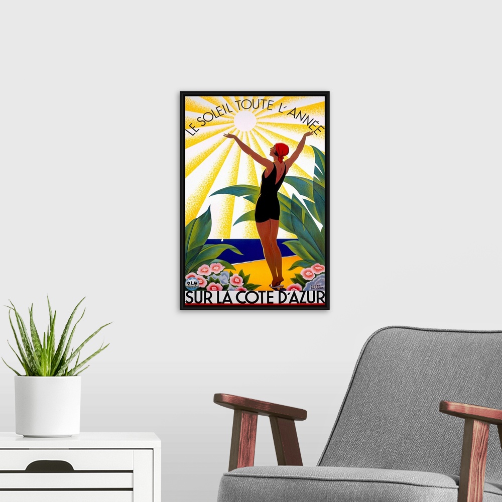 A modern room featuring This Art Deco advertising poster shows a woman in an early 20th century swimsuit surrounded by tr...