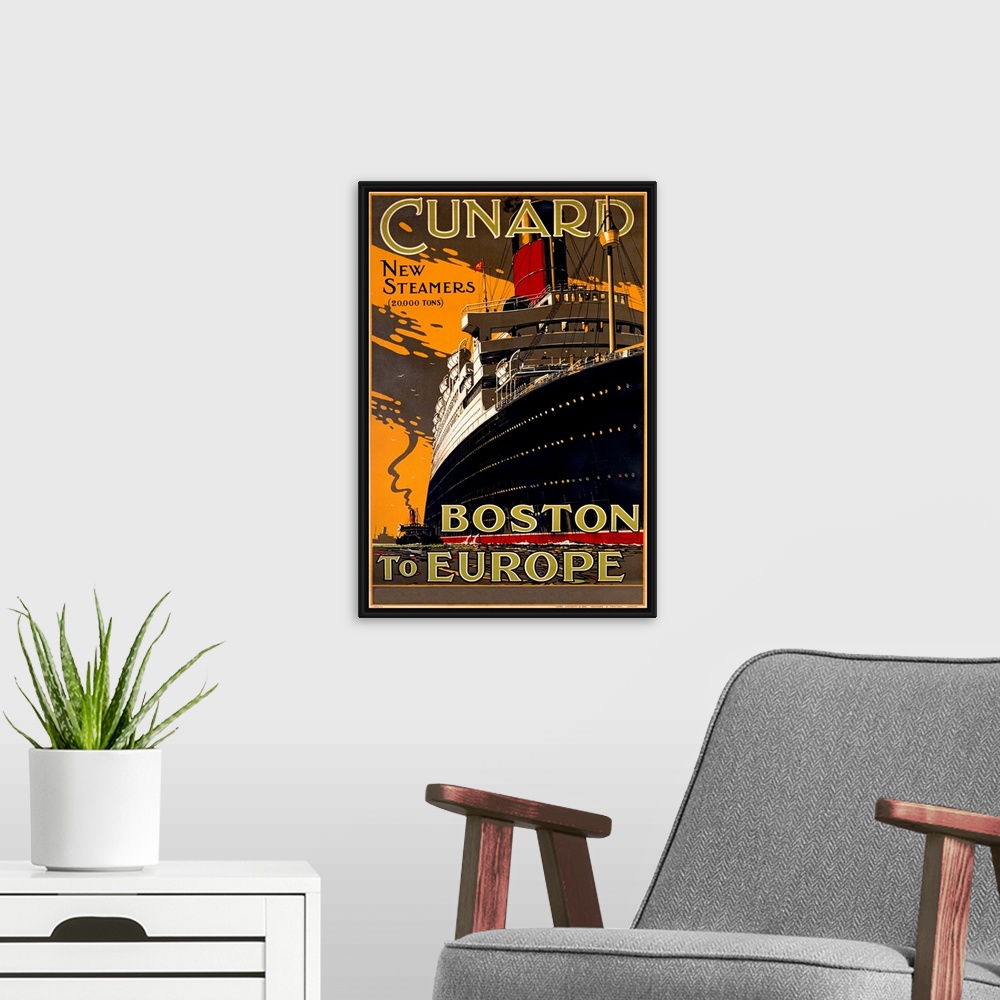 A modern room featuring Huge vintage art displays an advertisement for a cruise ship with surrounding text.