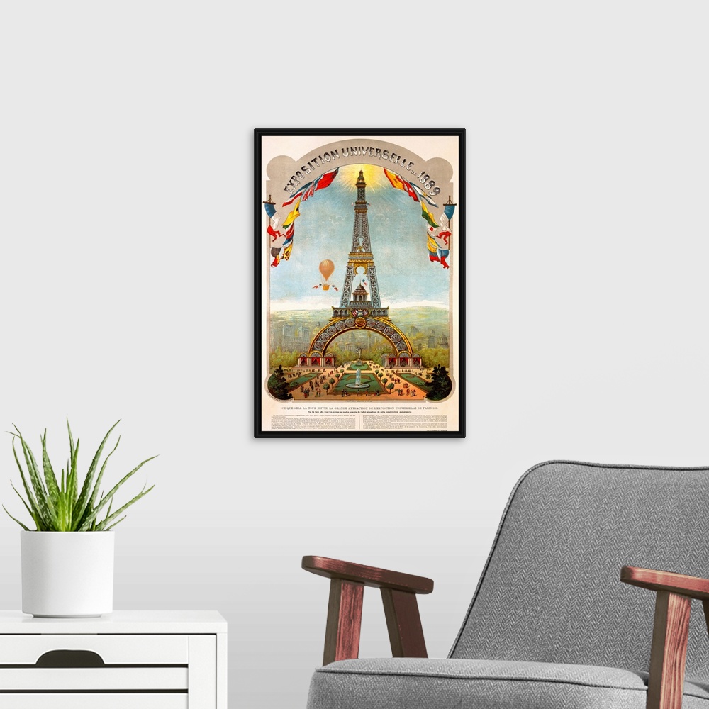 A modern room featuring Vertical canvas print of an antique poster of the Eiffel Tower with a hot air balloon in the sky.