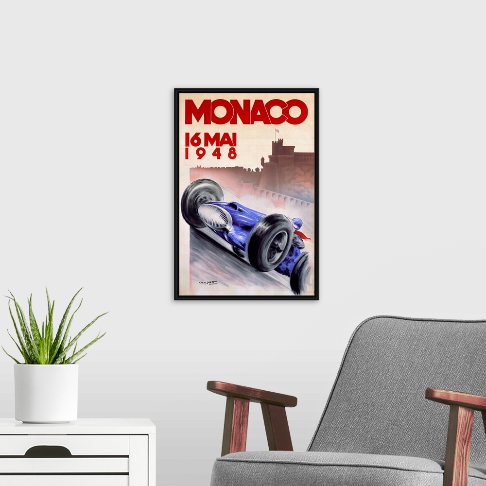 A modern room featuring Old advertising poster for 16 Mai race with a vintage race car speeding along with the silhouette...