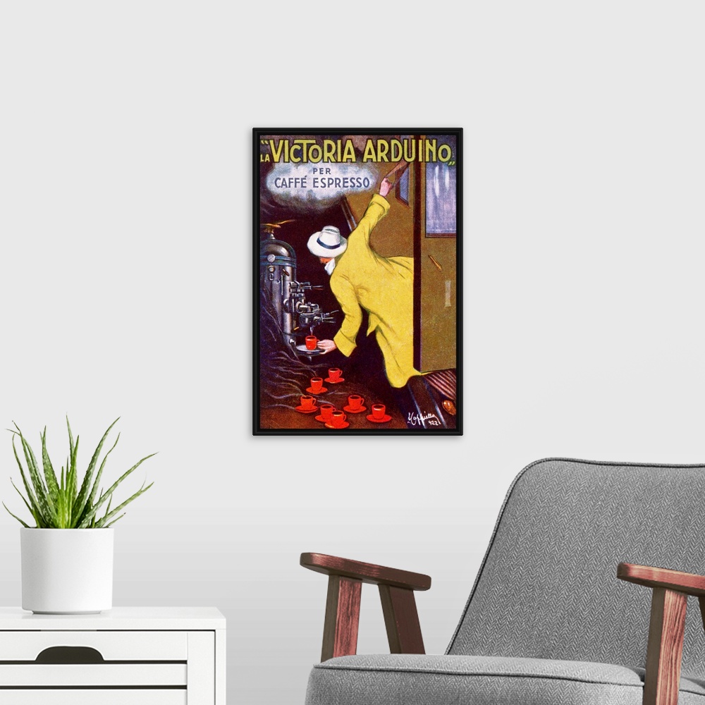 A modern room featuring Huge vintage advertising art has a man leaning out of an open train door to get a cup of espresso...