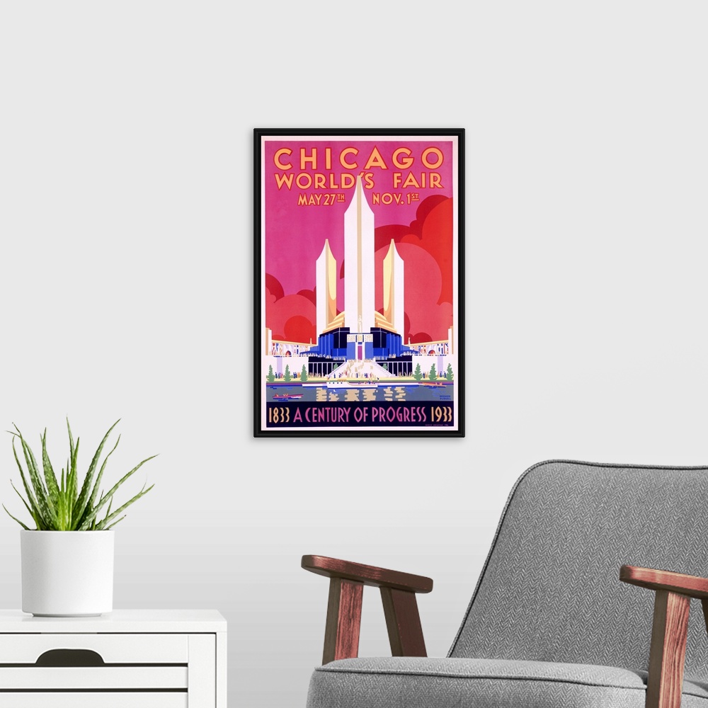 A modern room featuring This early 20th century poster makes use of modern san serif typefaces, bold color palettes, and ...