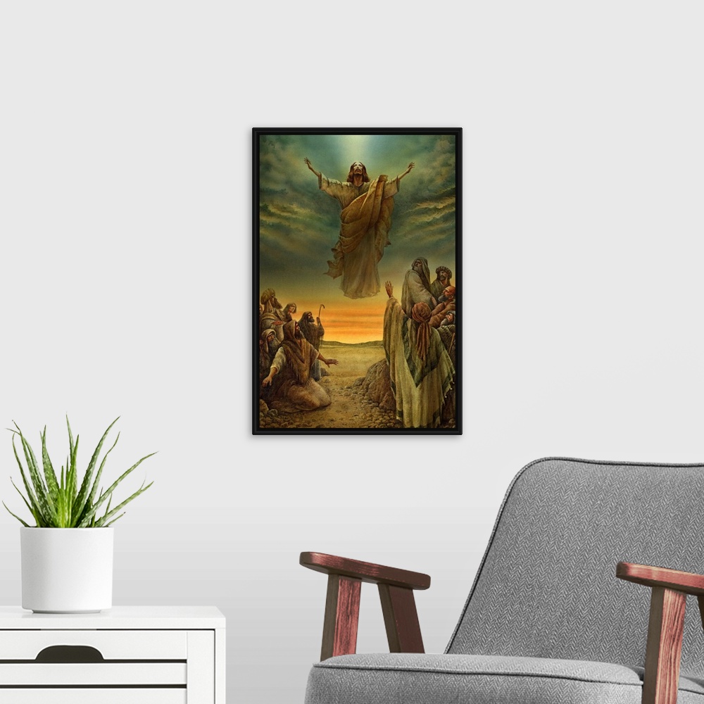 A modern room featuring This vertical wall hanging is a painting of Traditional Wall art depicting Jesus floating over a ...
