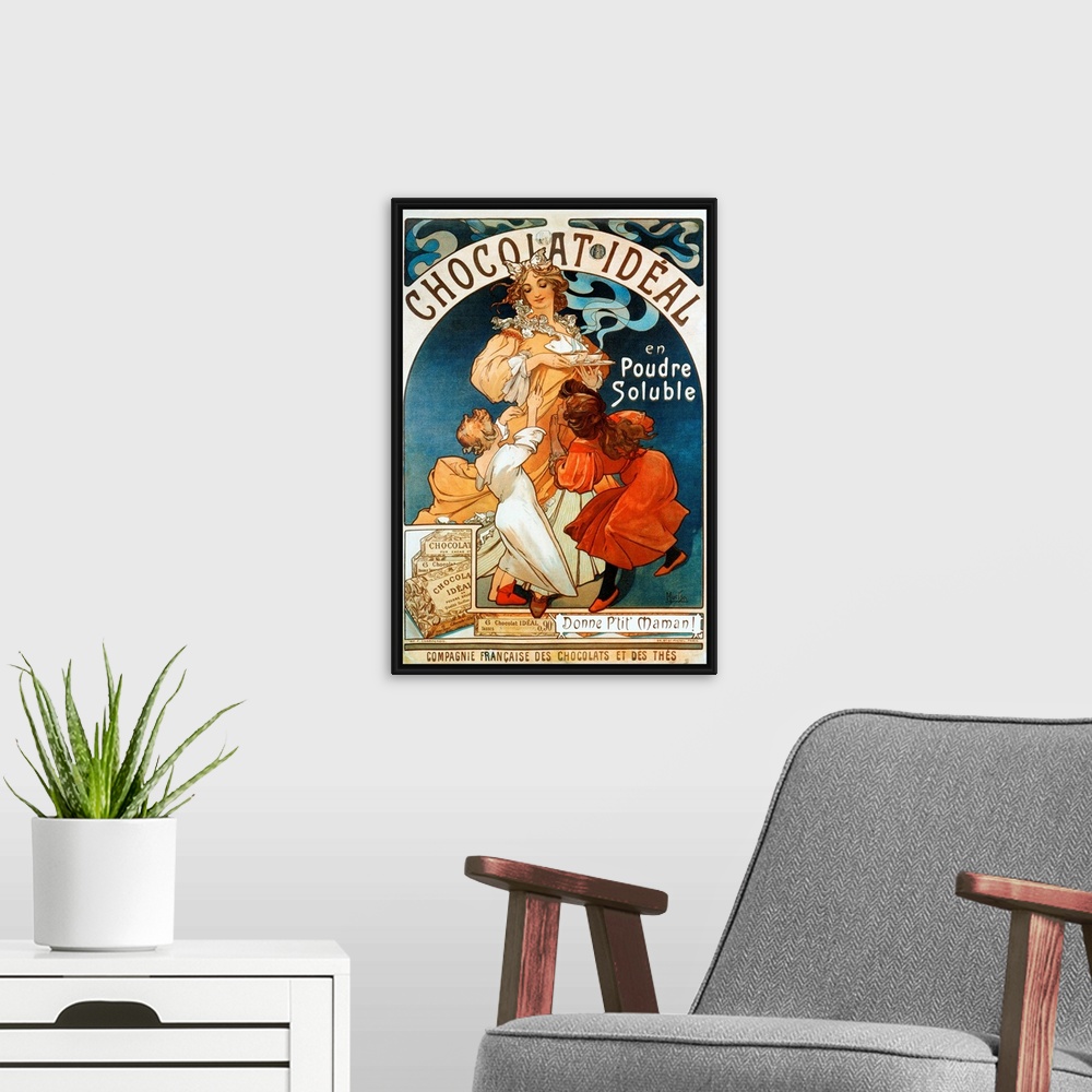 A modern room featuring Advertising poster by Alphonse Mucha (1860-1939) for chocolate "Chocolate Ideal" 1897.