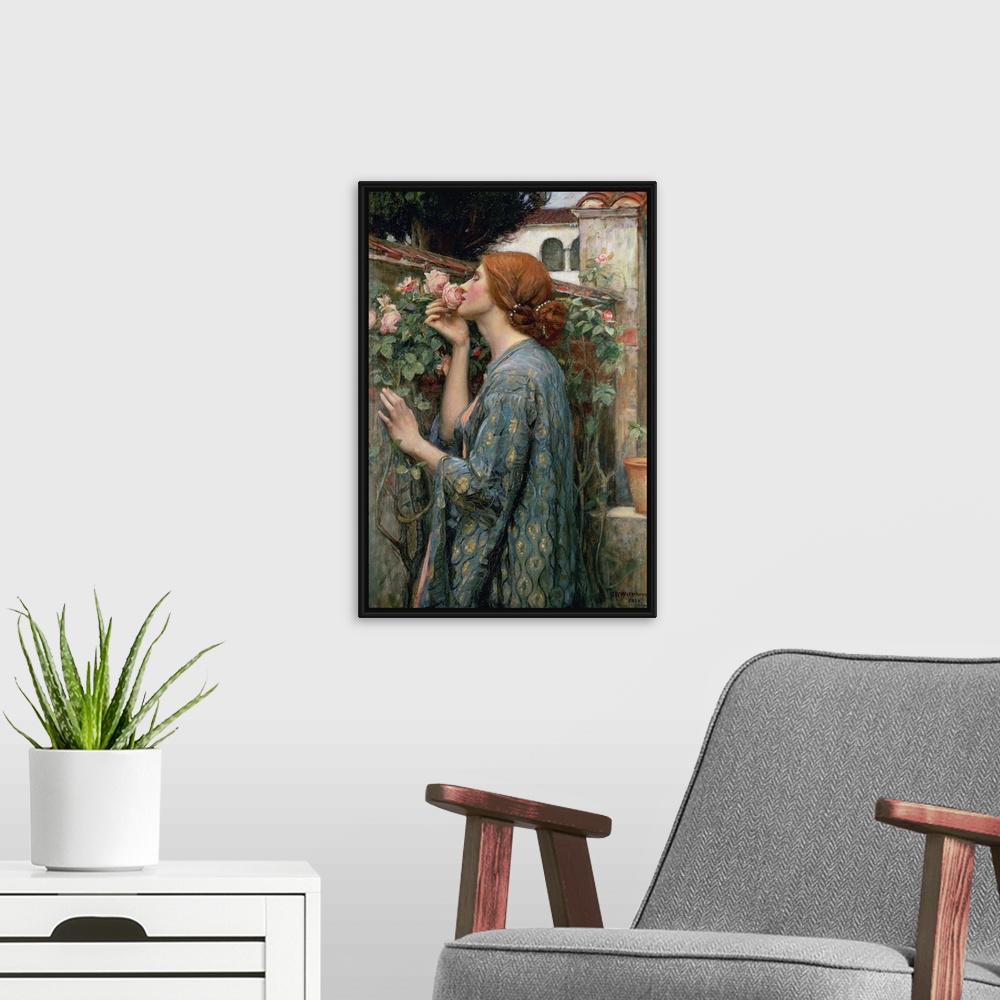 A modern room featuring A Pre-Raphaelite painting from the early 20th century of a red haired woman in an embroidered rob...