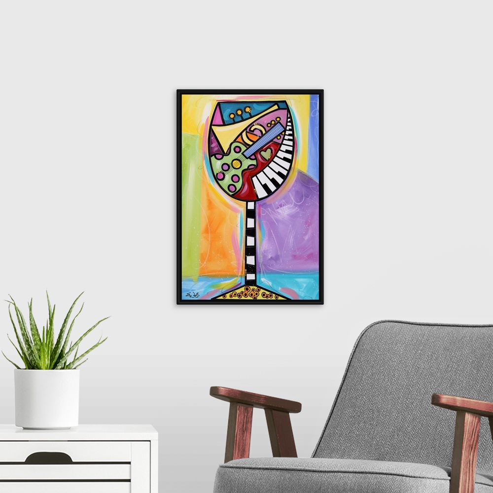 A modern room featuring Giant, vertical contemporary painting of a large wine glass full of colorful shapes and musical i...