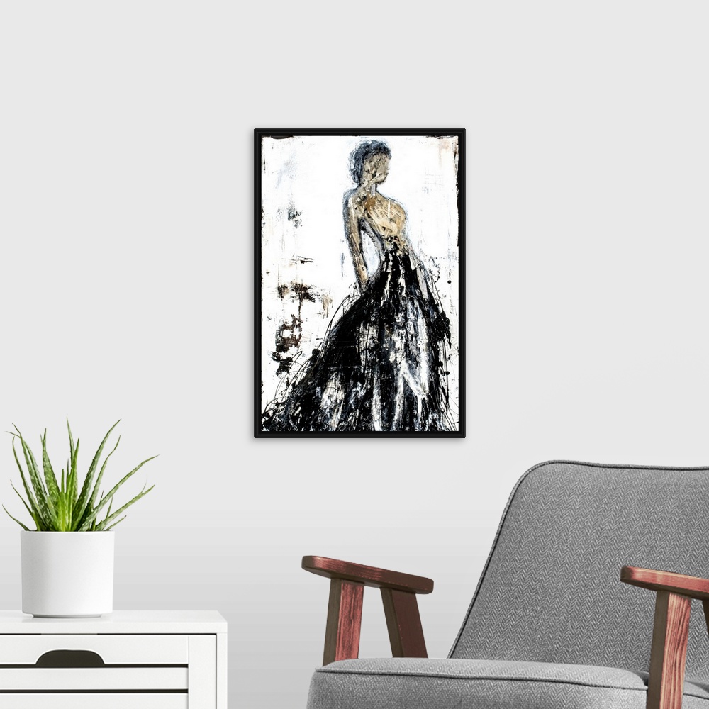 A modern room featuring Abstract painting of a faceless woman in a long black gown with a tan body created with cut up pi...