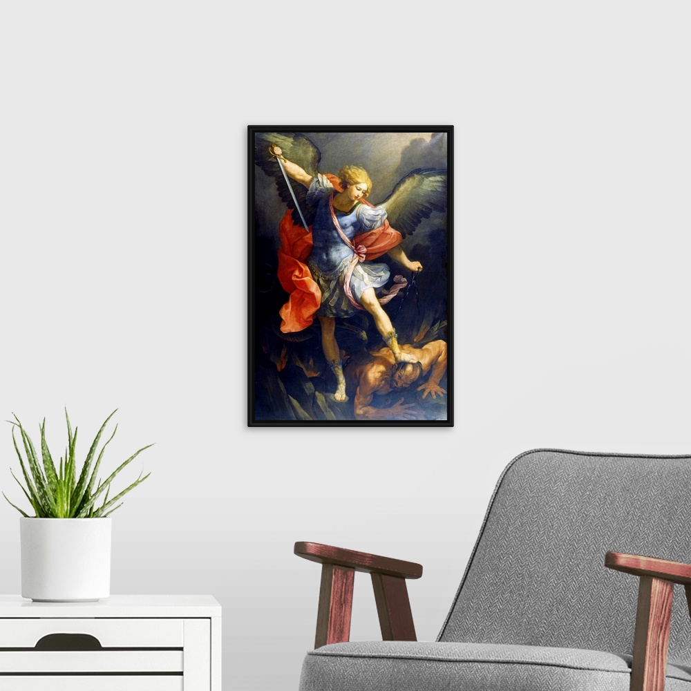 A modern room featuring St. Michael the Archangel, by Reni Guido, 1635, 17th Century, originally oil on silk. St. Michael...
