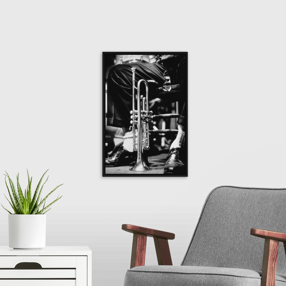 A modern room featuring Trumpet between jazz player's legs