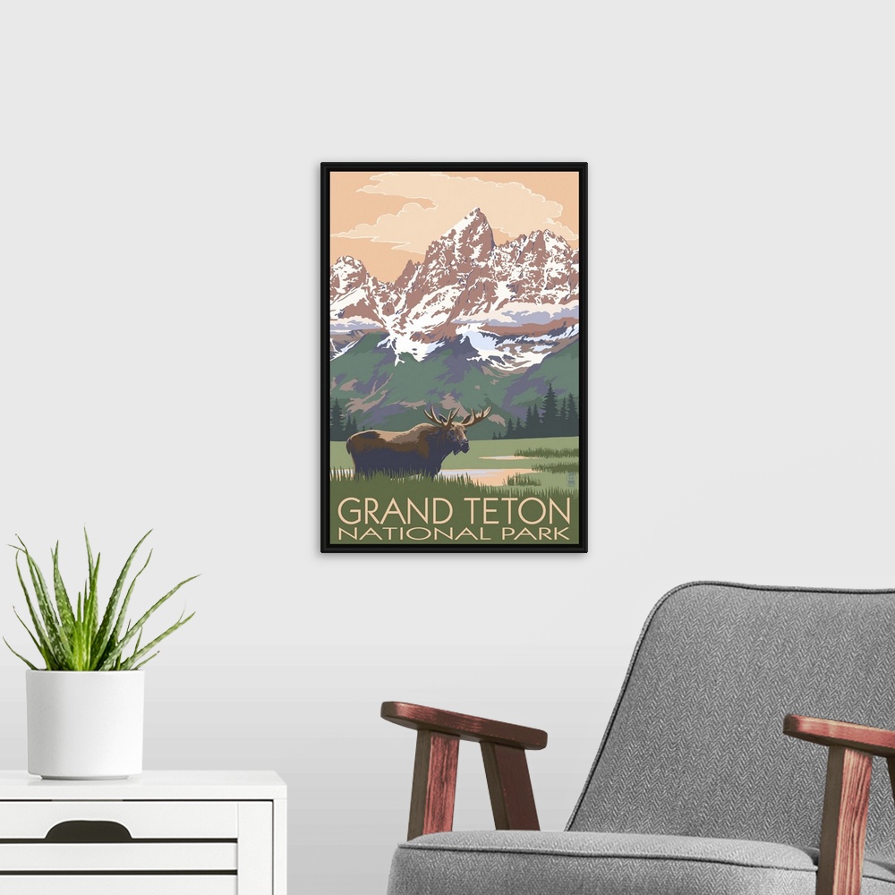 A modern room featuring Grand Teton National Park - Moose and Mountains: Retro Travel Poster