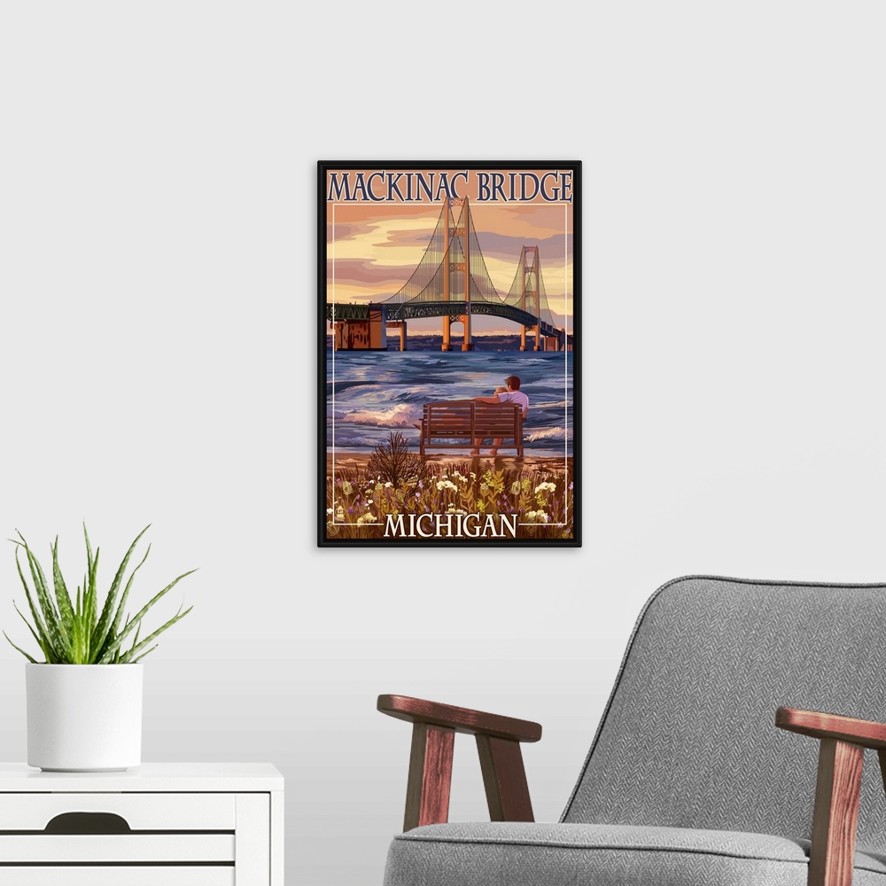 A modern room featuring Retro stylized art poster of a person sitting on a bench looking out over a bay at large suspensi...