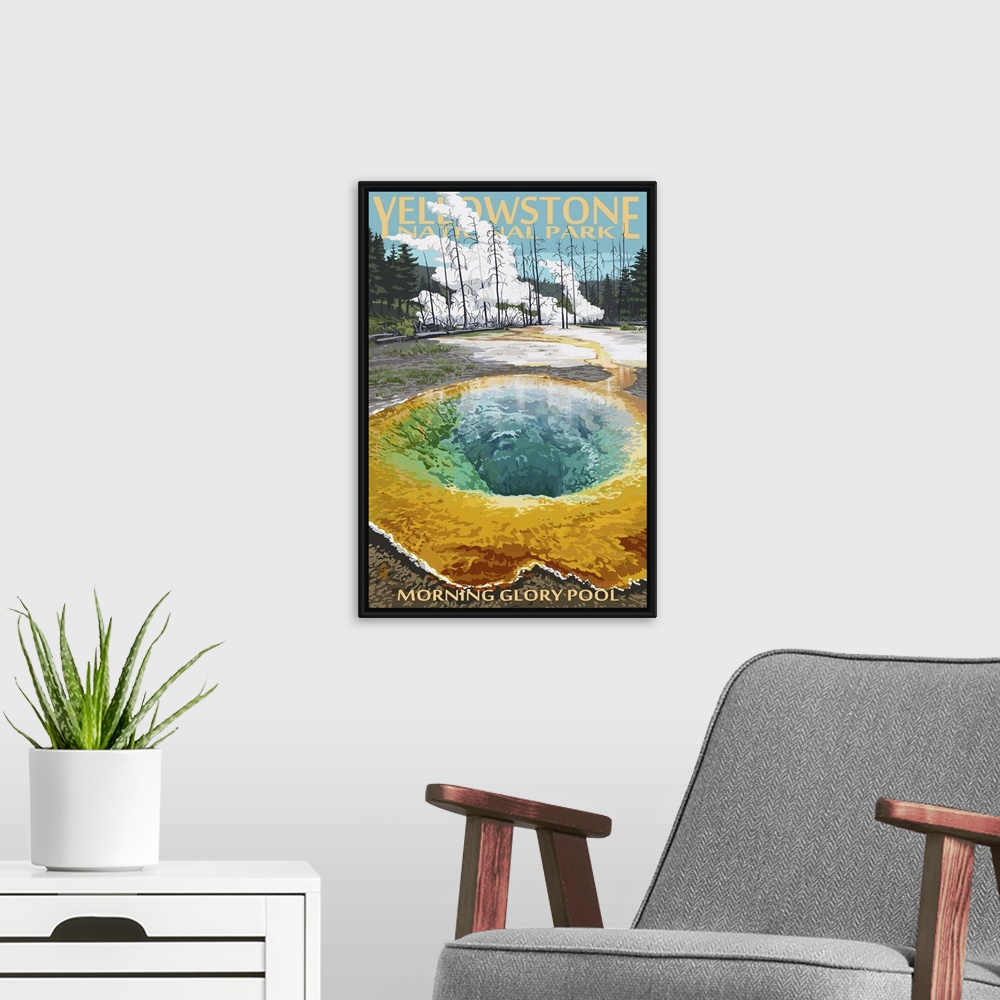 A modern room featuring Retro stylized art poster of a geothermal pool. With bare trees and steam in the background.