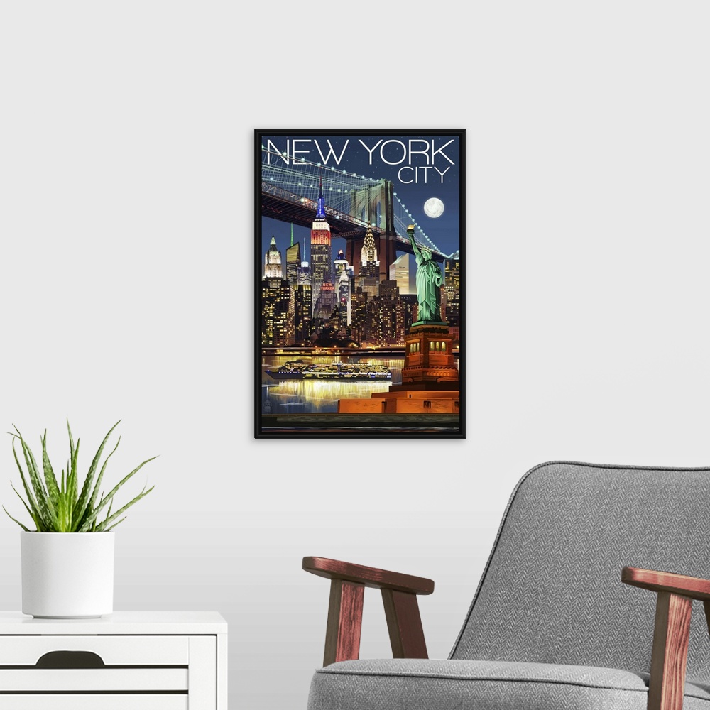 A modern room featuring New York City, NY - Skyline at Night: Retro Travel Poster