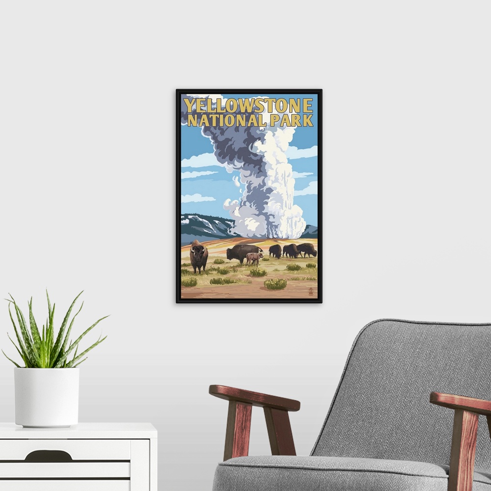 A modern room featuring Yellowstone National Park - Old Faithful Geyser and Bison Herd: Retro Travel Poster