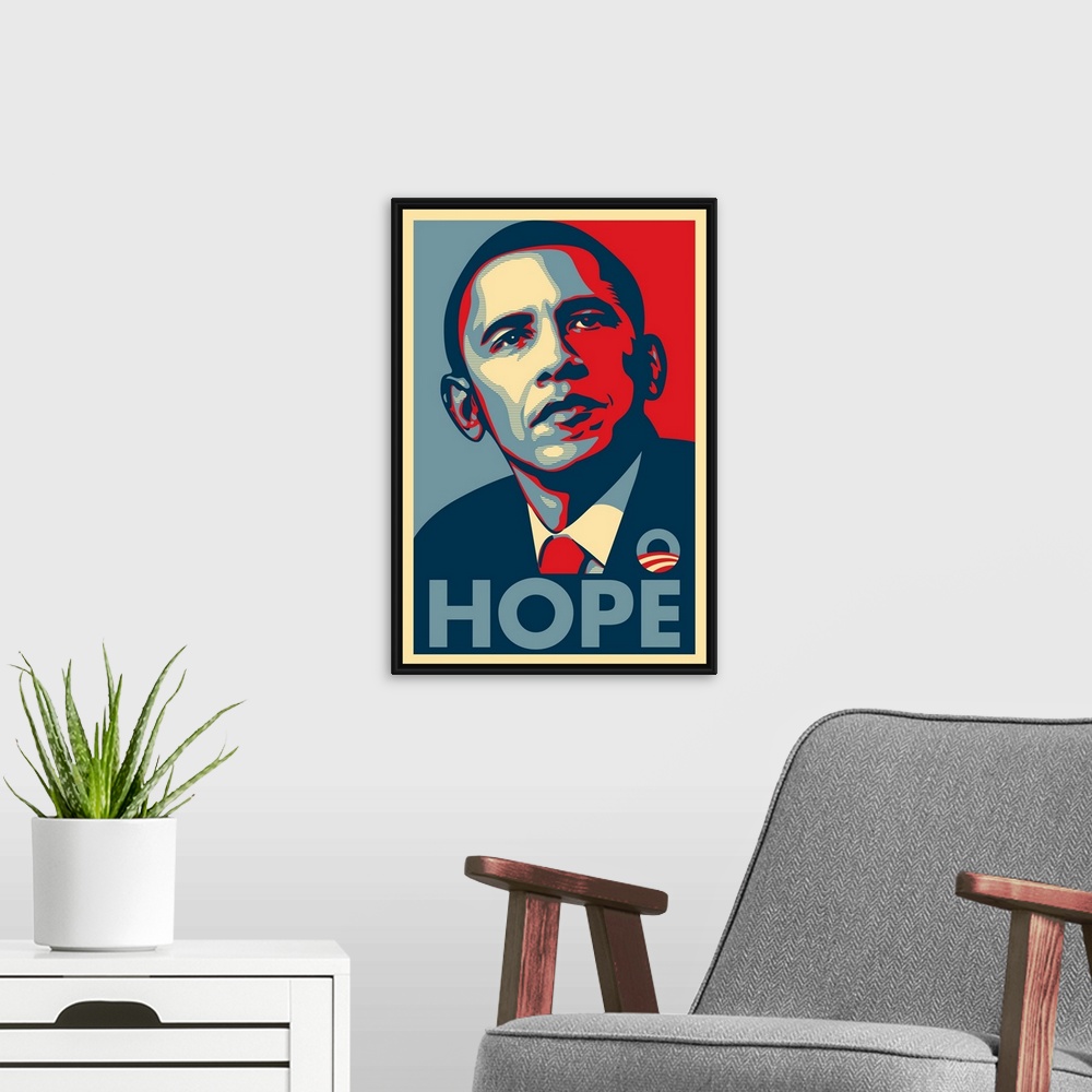 A modern room featuring Iconic and optimistic block print portrait of senator Barack Obama made for the 2016 presidential...