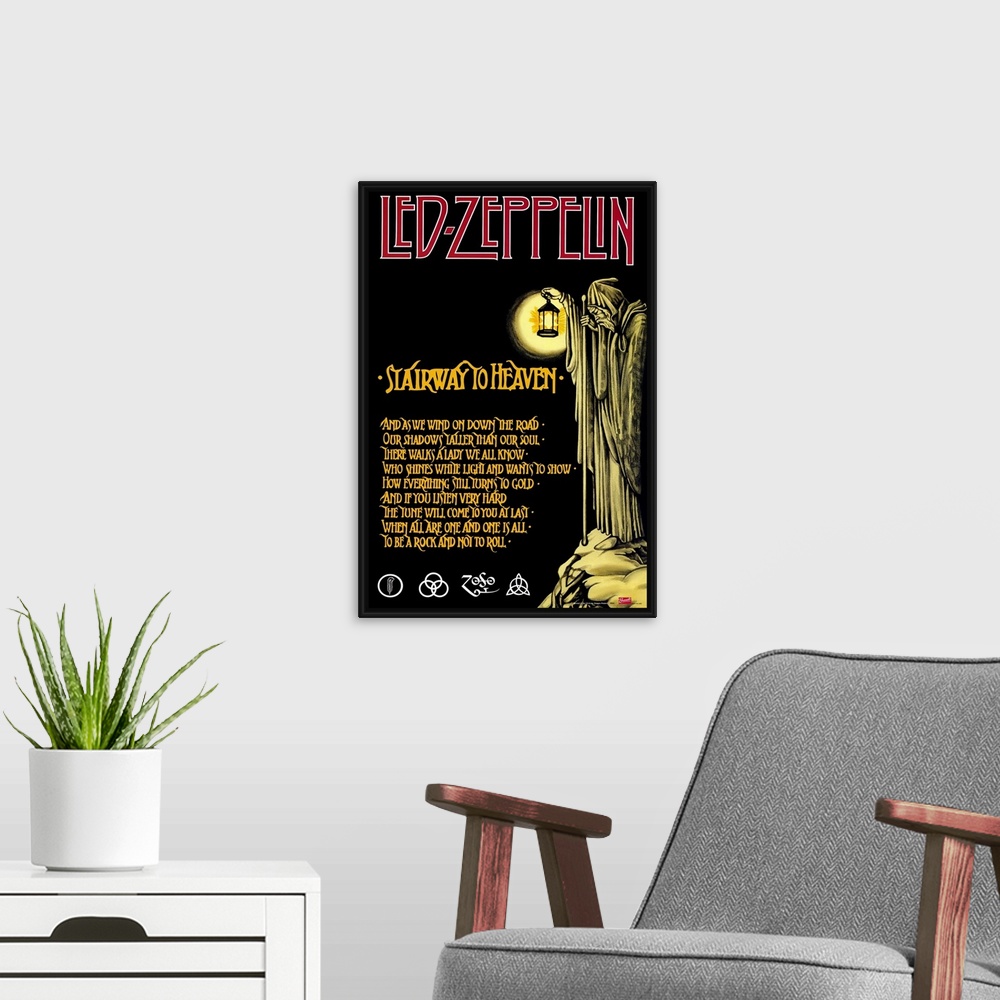 A modern room featuring Vintage poster of English rock band's song lyrics with grim reaper holding lantern and standing o...