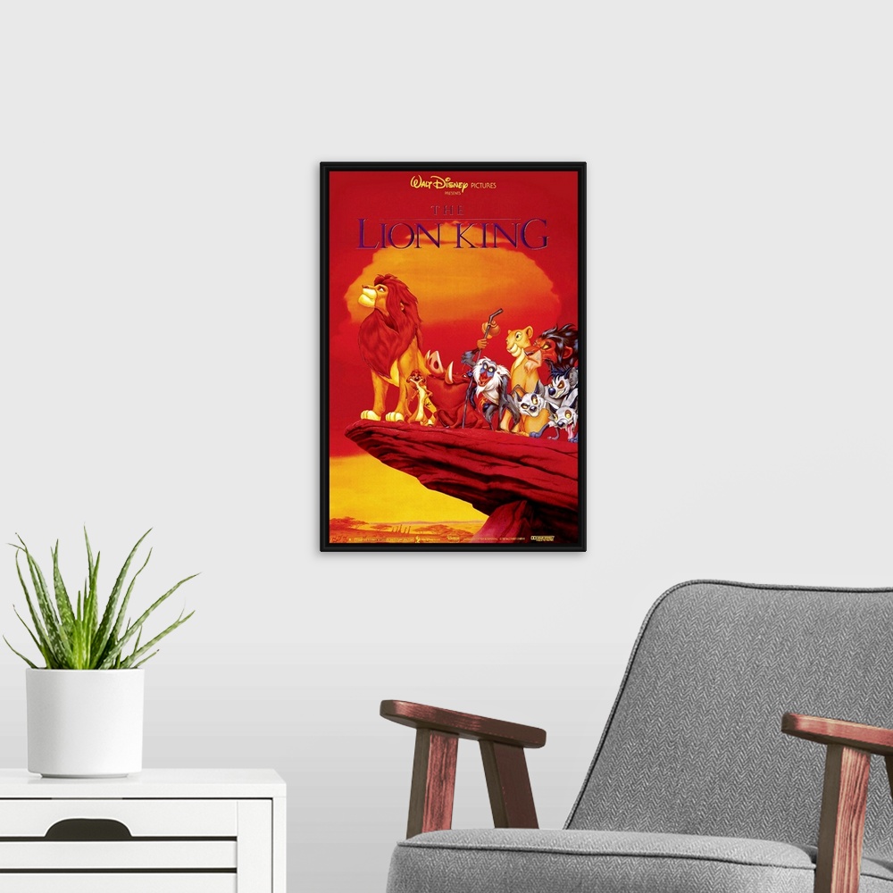 A modern room featuring Large, vertical movie advertisement of the Walt Disney movie, The Lion King.  A grown Simba peers...